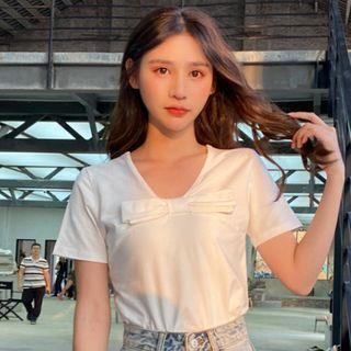 Plain Short-sleeve Bow T-shirt