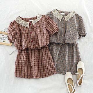 Set: Lace-trim Plaid Top + Skirt