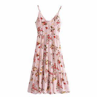 Spaghetti Strap Gingham Fruit Print Midi A-line Dress