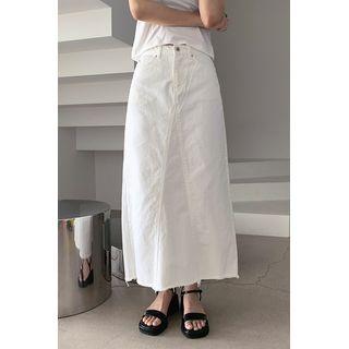Fray-hem A-line Maxi Denim Skirt