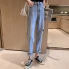 High-waist Ripped Straight-cropped Jeans