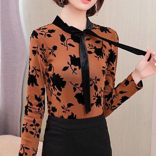 Printed Tie-neck Long-sleeve Top