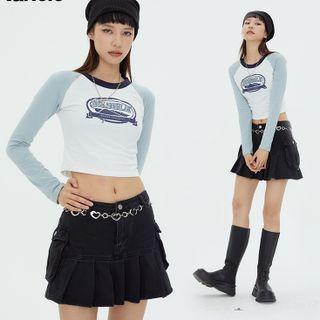 Long Sleeve Colorblock Lettering Crop Top