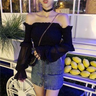 Long-sleeve Off-shoulder Chiffon Blouse As Shown In Figure - One Size