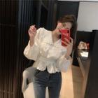 Plain Peter Pan Collar Single-breasted Puff-sleeve / Plain V-neck Single-breasted Cardigan