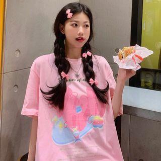 Lettering Print Short-sleeve T-shirt Pink - One Size