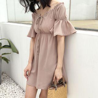 Plain Loose-fit Off-shoulder A-line Dress