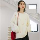 Heart Embroidery Sweater White - One Size