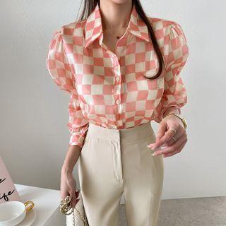 Puff-sleeve Checked Sheer Blouse