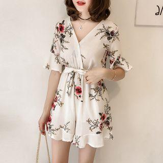 Flower Print V-neck Tie-waist Playsuit