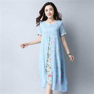 Set: Sleeveless Floral A-line Dress + Tulle Long Top