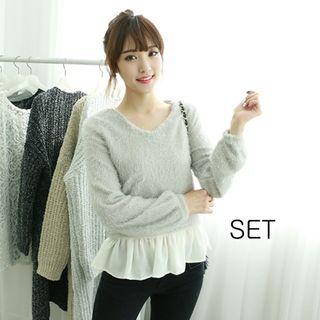 Set: Chiffon-hem Camisole Top + V-neck Furry Knit Top
