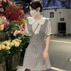 Set: Puff-sleeve Peter Pan-collar Shirt + Plaid Mini Overall Dress