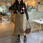 V-neck Argyle Print Buttoned Vest / Ribbed Sweater / Corduroy Midi A-line Skirt
