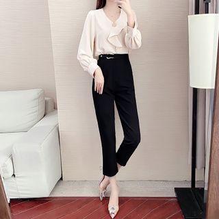 Set: Puff-sleeve Ruffled Blouse + Straight Leg Pants