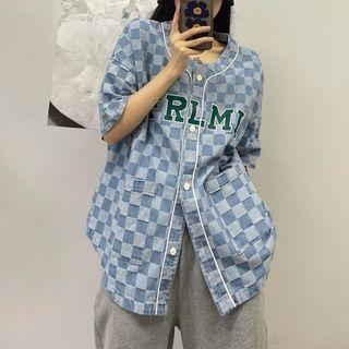 Short-sleeve Checkered Lettering Denim Shirt