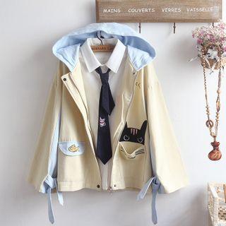 Cat Embroidered Hooded Zip Jacket / Shirt / Set