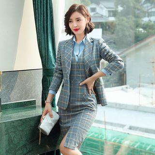 Plaid Blazer / Plaid Sleeveless Sheath Dress / Plain Shirt / Set