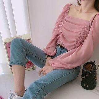 Square-neck Shirred Sheer Top Pink - One Size