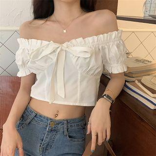Short-sleeve Off-shoulder Lace Trim Blouse
