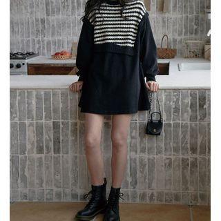 Mock Two-piece Striped Panel Mini A-line Dress Black - One Size