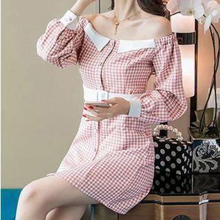 Off-shoulder Long-sleeve Houndstooth Mini Dress