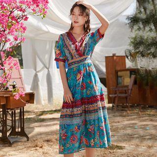 Short-sleeve Floral Print Patterned Midi Sundress