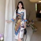 Elbow-sleeve Printed Asymmetrical Shirred Shirtdress