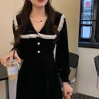Long-sleeve Wide Collar Velvet Midi A-line Dress Black - One Size