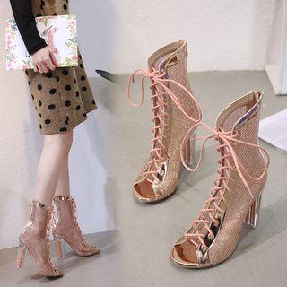 Peep Toe Transparent Block Heel Lace-up Short Boots