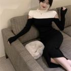 Long-sleeve Midi Knit Sheath Dress Black - One Size
