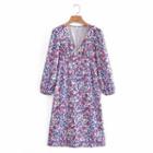 Lantern-sleeve V-neck Print Dress