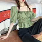 Puff-sleeve One-shoulder Plaid Crop Top / Straight-fit Pants