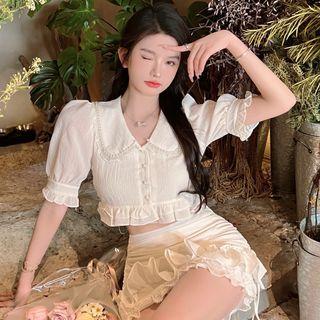 Pleated Ruffle Blouse / High-waist Pleated Mini Skirt