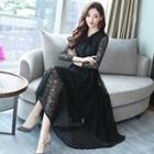 Long-sleeve Tie-neck A-line Midi Lace Dress