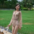 Puff-sleeve Dotted Lace-up Swimsuit