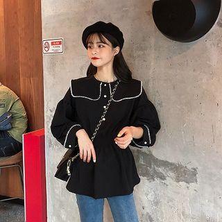 Long-sleeve Collared Blouse Black - One Size
