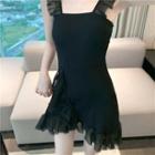 Ruffle Trim Sleeveless Knit Mini Sheath Dress Black - One Size