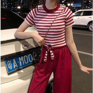 Striped Short-sleeve T-shirt / Cropped Wide-leg Pants