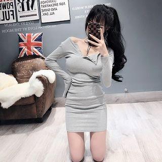 Plain Crewneck Off-shoulder Single-breasted Slim-fit Long-sleeve Dress