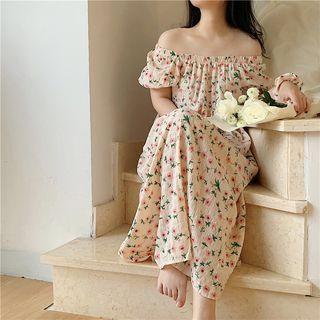 Short-sleeve Off-shoulder Floral Print Loose-fit Sleepdress Off-white & Pink - One Size