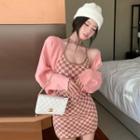 Halter-neck Checkerboard Mini Bodycon Dress / Cardigan