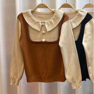 Mock Two Piece Puff-sleeve Peter Pan Collar Knit Panel Plain Top