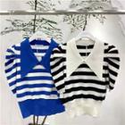 Puff-sleeve Collared Striped Knit Top