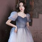 Puff-sleeve Embellished Gradient Mesh Cocktail Dress
