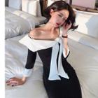 Ruffle Contrast Trim 3/4-sleeve Sheath Dress