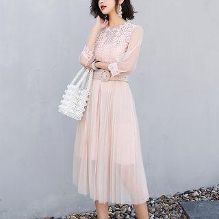 Set: Plain Slipdress + Lace Panel 3/4-sleeve A-line Dress