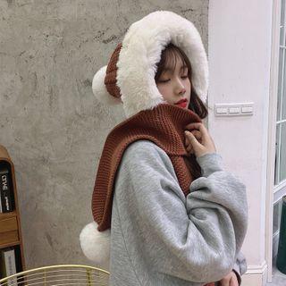 Christmas Faux Fur Pom Pom Hooded Scarf