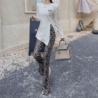 Long-sleeve Slit T-shirt / Leopard Print Boot Cut Pants