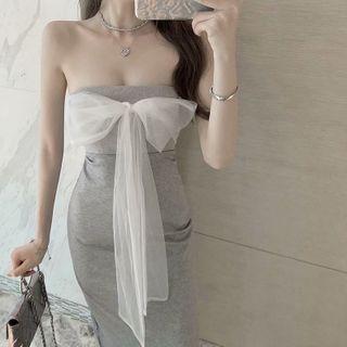Strapless Mesh Ribbon Midi Sheath Dress